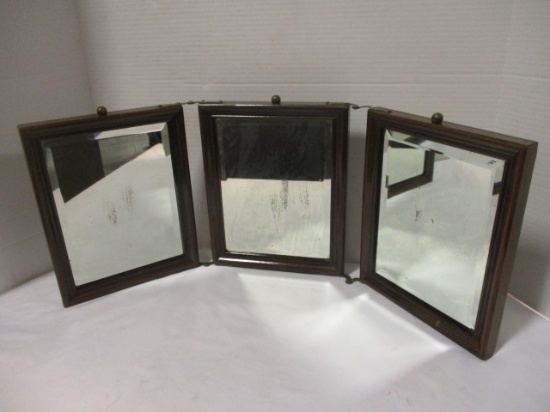 Antique Wood Frame Trifold Beveled Vanity Mirror