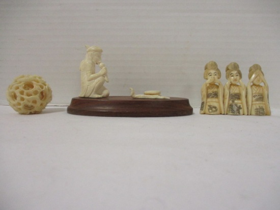 Antique Pre Ban Ivory Carved Figures and Puzzle Ball