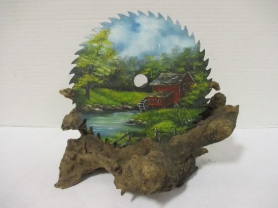 A. Gray Grist Mill Scene on Saw Blade in Cypress Knot Stand