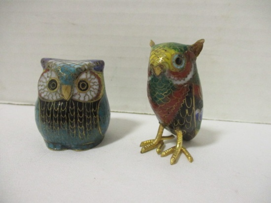 Two Vintage Cloisonne Miniature Owls