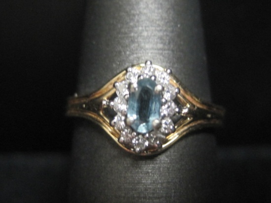 14k Gold Aquamarine and Diamond Ring- Size 6 1/4