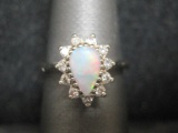 14k White Gold Teardrop Opal & Diamond Ring