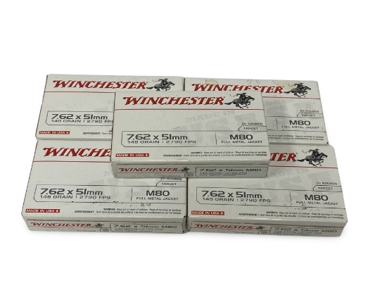 NIB 100rds. of 7.62x51mm (.308 WIN) 149gr. FMJ Winchester M80 Ammunition