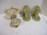 Marble Bookends & 2 Alabaster Mini Birdbaths