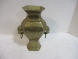Ringed Handle Etched Chinese Brass Bud Vase