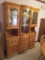 Oak Curved Breakfront 2 Piece Illuminated China Hutch with Glass Doors and Mirrored Back