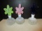 Three Hobnail Opalescent Bottles with Hand Blown Art Glass Flower Stoppers