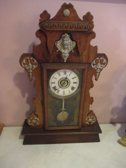 Antique Rhodes & Son Oak 8 Day Kitchen Clock with Figure Head Embellishments