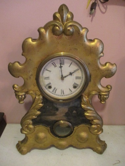 Antique Cast Metal Front Mantle Clock with Handpainted Landscape