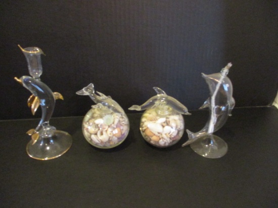 Dolphin Art Glass-Pair of Perfume Bottles, Oil Lamp and Candleholder