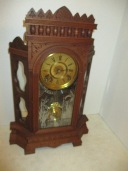 Vintage Victorian Mantle Clock with Reverse Printed Peacock/Crane Design