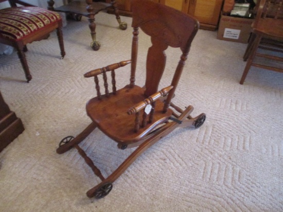 Antique Child's Convertible High Chair Stroller with Iron Wheels