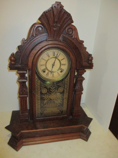 Antique Carved Burlwood Victorian Mantle Clock
