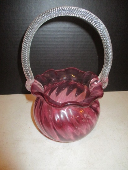 Hand Blown Art Glass Basket with Twisted Handle