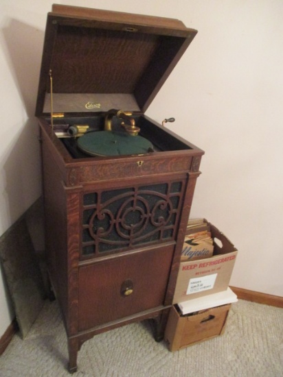 Antique Edison C200 Disc Phonograph and Large Collection of 33 Speed Records