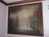 Vintage Jo Murray Signed Ships in Harbor Scene Painting