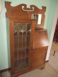 Antique Tiger Oak Secretary Curio Cabinet with Stained Glass Door and Beveled Mirror
