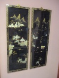Vintage Black Lacquer and Mother of Pearl Chinese Scene Panels