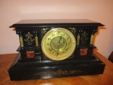 Vintage Waterbury Clock Co. Painted Black Metal Mantle Clock with Gilt and Marble Accents