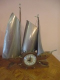 Midcentury Windsor Mfg. Co. Electric Wooden Ship Console Clock with Metal Sails