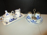 Blue Delft Creamer and Sugar Bowl Set and Shaker and Mustard  Jar Set