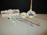 Blue Delft Ladle, Strainer, Funnel Set with Wall Hanger, Measuring Spoons and
