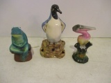 Handpainted Pottery Penguin, Frog and Pelican Flower Frogs
