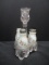 Vintage Cut Glass Condiment Caddy with 3 Painted Milk Glass Cruets