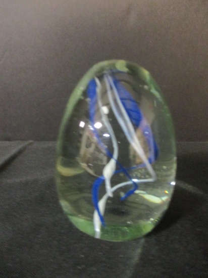 Blue and White Swirl Art Glass Egg Paperweight