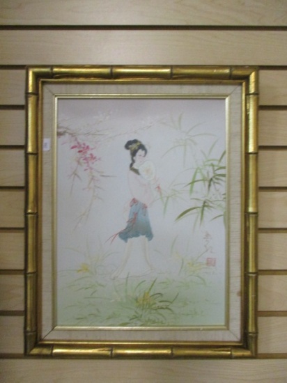 Signed "Geisha" Painting on Canvass in Gold Bamboo Frame