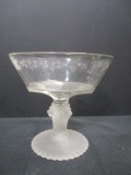 Vintage Engraved Glass Compote with Frosted Lion Stem