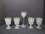 4 Cut Glass Crystal Stem Glasses and 1 Tall Cut Glass Wine Stem