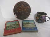 Signed Pottery Trivet, McKenzie-Childs Metal Cup, and 2 Vintage Roma Postcards