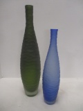2 Green and Blue Art Glass Textured Vases