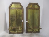 Pair of Vintage Brass and Wood Candlestick Wall Sconces