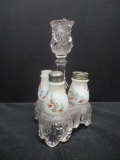 Vintage Cut Glass Condiment Caddy with 3 Painted Milk Glass Cruets