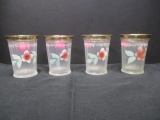 4 Enameled Glass Painted Glasses with Gold Trim
