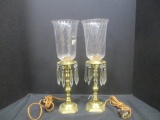 Pair of Vintage Brass Hurricane Lamps with Teardrop Prisms