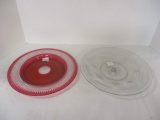 Cranberry Cut to Clear Glass Round Tray and Signed Sindair Cut Glass Tray