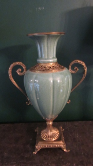 Ornate Green Ceramic Urn with Antiqued Brass Base/Handles