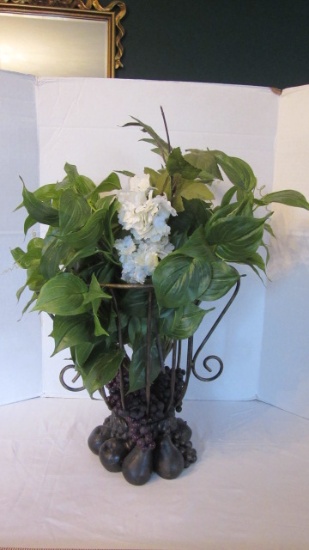 Wrought Iron Vase/Fruit Bowl with Sculpted Resin Base and Artificial Floral Arrangement