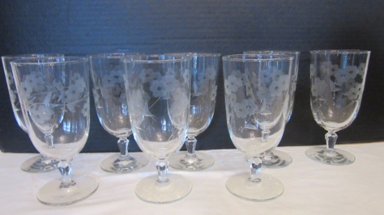 Eight Libbey Glass Cut Floral Design on Bowl Goblets