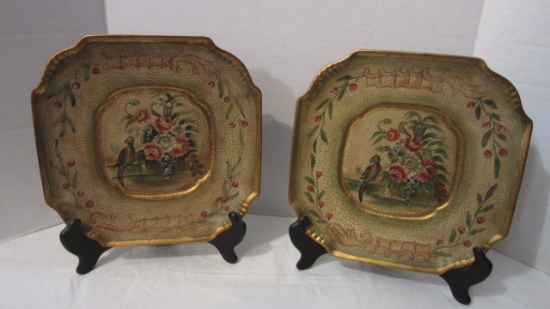 Pair of CPI Handpainted Parrot Motif Decorative Plates with Stands