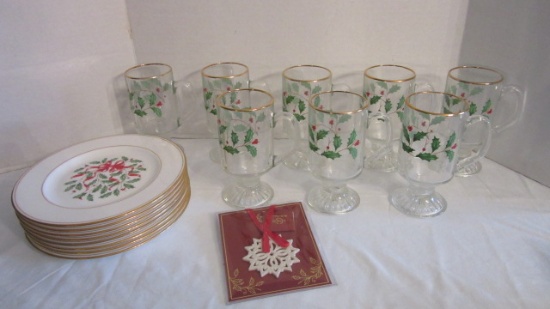 Eight Lenox "Holiday" Irish Coffee Mugs, Eight "Snow Holly" Plates and Lenox Pierced Star Ornament