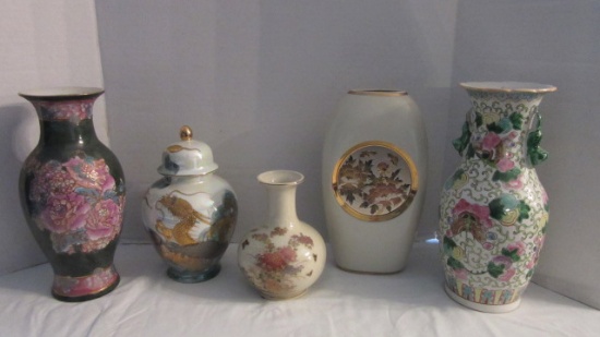 Grouping of Handpainted Chinese Porcelain Vases, Ginger Jar and Chokin Vase