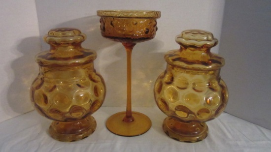 Pair of Amber Glass Thumbprint Jars and Textured Compote