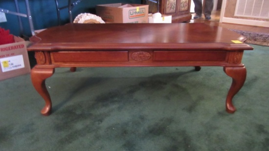 Solid Wood Coffee Table with Marquetry Medallion Design and Queen Anne Legs