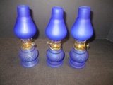 Cobalt Blue Satin Glass Oil Lamps (Lot of 3)