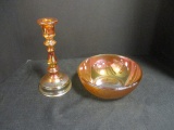 Irridescent Carnival Glass Bowl & Candlestick