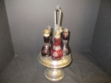Victorian Silverplate Castor Set w/Ruby Red Bottles